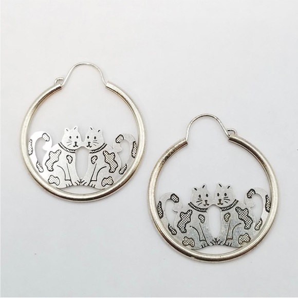 Vintage Sterling Silver Cat Hoop Earrings - Picture 2 of 7